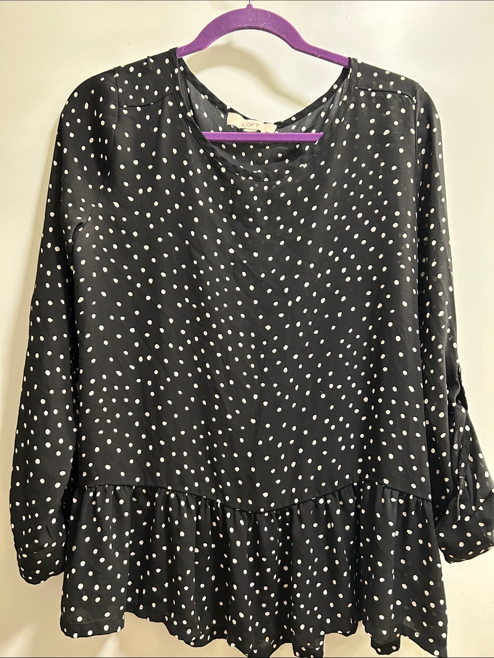 LOFT Black and White Polka Dot Peplum Top